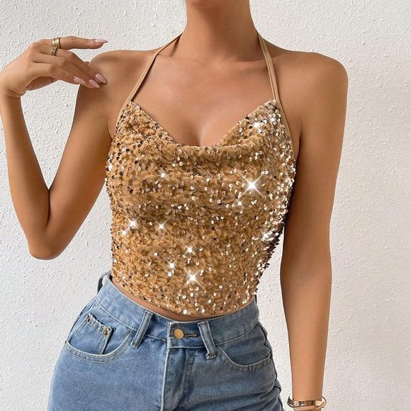 Gold Party Womens Draped Collar Backless Sequin Halter Top - Picture 4 of 5